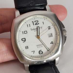 Timberland Mens Watch Stainless Steel Silver Case White Dial Black Leather Date